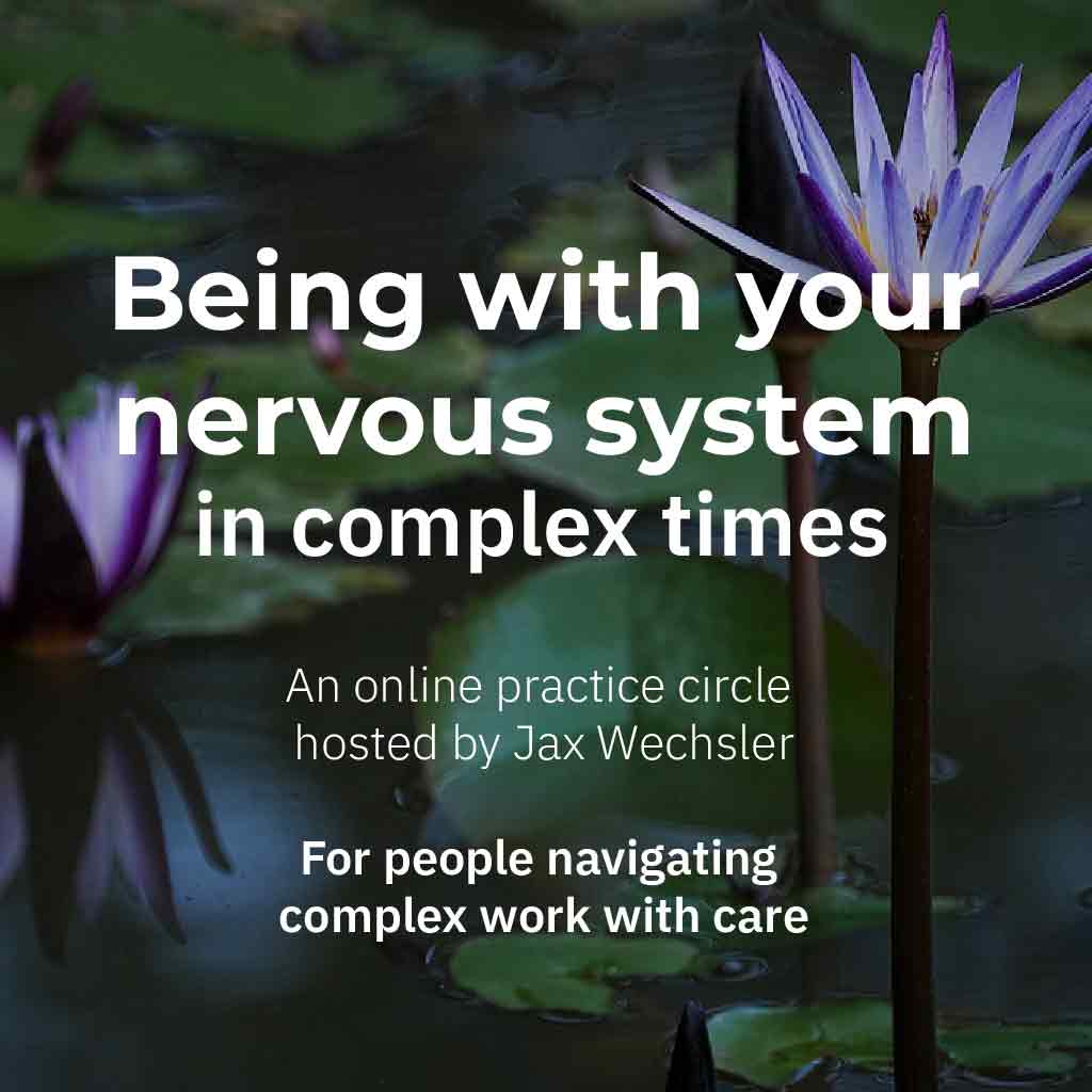 Being with your nervous system in complex times - an online practice circle hosted by Jax Wechsler for people navigating complex work with care with lotus flowers in the background