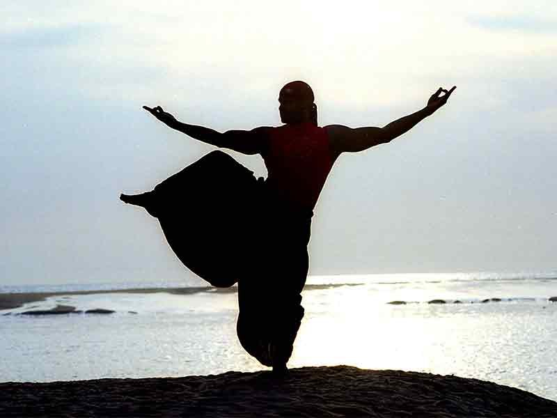 Silhouette of man doing martial arts near waters edge.